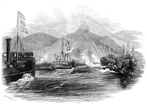 Royal Yacht Gallery: The Royal Yacht passing the Drachenfels, 1845. Creator: Ebenezer Landells