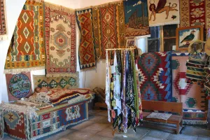 Northern Cyprus Prints: Rugs and scarves at a monastery, North Cyprus