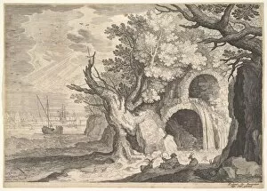 Aqueduct Collection: Ruined aqueduct with water spilling from it to a stream below, ships at sea beyond, a