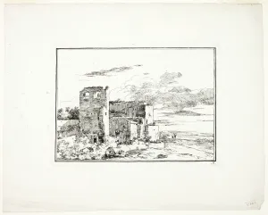 Louis Gabriel Moreau Prints: Ruined Buildings near a River Bank