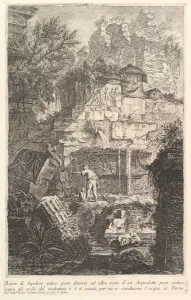 Aqueduct Collection: Ruins of an ancient tomb in front of ruins of an ancient aqueduct (Ruine di Sepolcro a
