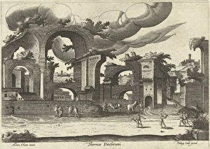 Rijksmuseum Collection: Ruins of the Baths of Diocletian from the side with two men playing croquet in the foreground