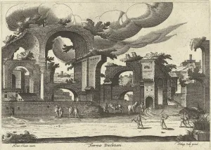Cleve Prints: Ruins of the Baths of Diocletian from the side with two men playing croquet in the foreground