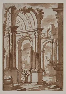 Brown Wash Prints: Ruins of a Building with Two Women, 18th century. Creator: Francesco Galli Bibiena