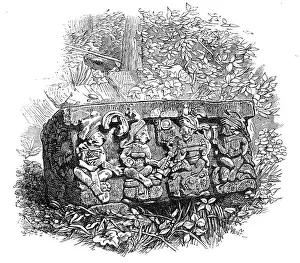 Mesoamerica Prints: The Ruins of Copan, Central America: square stone with sides facing the points of the compass