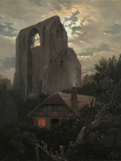 Carus Gallery: Ruins of the Eldena Monastery with cottage near Greifswald in Moonlight, 1820