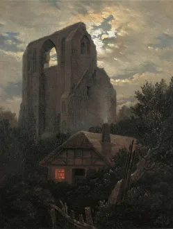 Rocky Landscape Prints: Ruins of the Eldena Monastery with cottage near Greifswald in Moonlight