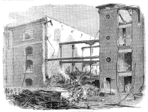 Docks Prints: Ruins of the Late Fire at the London Docks, 1858. Creator: Unknown
