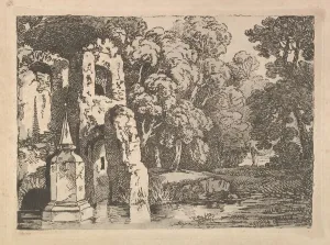 Ruins Next to a Pool in a Wooded Landscape, 1783-84. Creator: Thomas Rowlandson Ruins Next to a Pool in a Wooded Landscape, 1783-84. Creator: Thomas Rowlandson