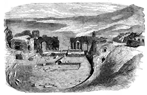 Taormina Messina Sicily Italy Prints: Ruins of a Theatre at Taurominium - Mount Etna in the Distance, 1858. Creator: Unknown