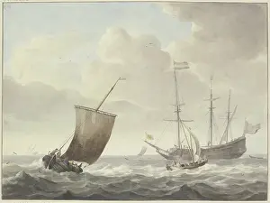 Marine Prints: Running sea with ships, yellow flag with a golden lion. Creator: Martinus Schouman