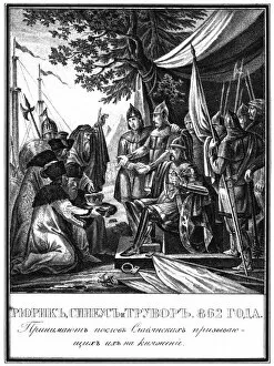 Rurik, Sineus and Truvor. The Invitation of the Varangians, 862 (From Illustrated Karamzin), 1836
