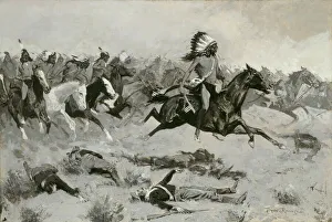Remington Frederic Sackrider Prints: Rushing Red Lodges Passed through the Line, c. 1900. Creator: Frederic Remington