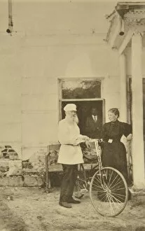 Leo Tolstoy Gallery: Russian author Leo Tolstoy with a bicycle, Russia, 1890s. Artist: Sophia Tolstaya