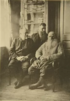 Leo Tolstoy Gallery: Russian author Leo Tolstoy with politician Mikhail Stakhovich and Mikhail Sukhotin, Russia, 1900s