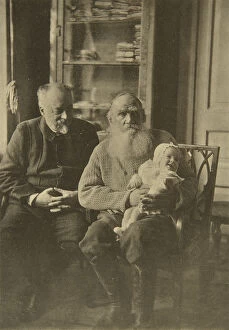 Leo Tolstoy Gallery: Russian author Leo Tolstoy with his son-in-law and granddaughter, Russia, c1905-c1906