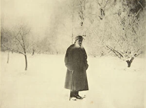 Russian author Leo Tolstoy taking a winter walk, 1900s. Artist: Sophia Tolstaya