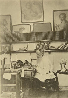 Russian author Leo Tolstoy at work, 1890s. Artist: Sophia Tolstaya