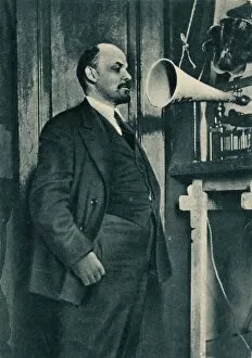 Russian Bolshevik leader Vladimir Lenin at a radio recording in the Kremlin, Moscow, Russia, 1919