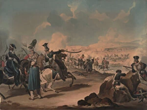 Russian cavalry attacking French infantry at Borodino, ca 1813. Artist: Dighton, Denis