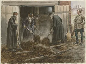 Russian clergy shoveling hay: September 1918 (from the series of watercolors Russian revolution)