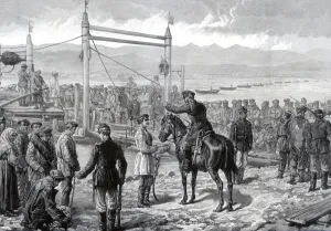 Yenisei Prints: Russian convicts under military escort waiting to be ferried across the river Yenisei
