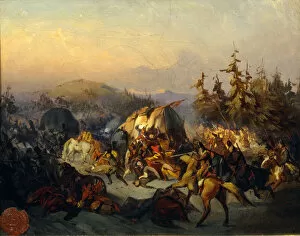 Russian Cossacks attack French troops in transit. Artist: Filippov, Konstantin Nikolayevich (1830-1878)