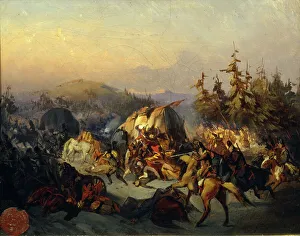 Russian Cossacks attack French troops in transit. Artist: Filippov, Konstantin Nikolayevich (1830-1878) Russian Cossacks attack French troops in transit. Artist: Filippov, Konstantin Nikolayevich (1830-1878)