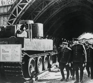 Nikolai Prints: Russian generals inspecting an exposition of captured German armaments, Russia, 1943