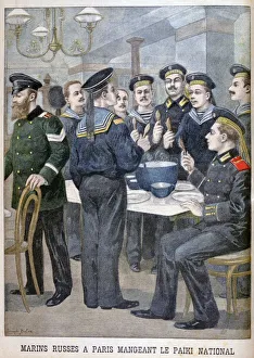 Russian marines eating paiki in Paris, 1900. Artist: Joseph Belon