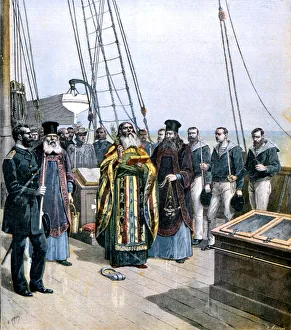 Russian Orthodox priests performing ceremony of naming the yacht of Grand Duke Alexis Russian Orthodox priests performing ceremony of naming the yacht of Grand Duke Alexis