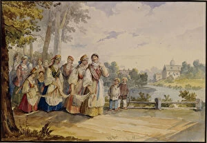 Troika Collection: Russian peasant girls with Festival Dress, 1845. Artist: Kolmann, Karl Ivanovich (1786-1846)