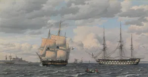 Galleon Prints: Russian sailing ships at the mouth of Helsingør harbor, 1826. Creator: CW Eckersberg