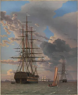 The Russian Ship of the Line Asow and a Frigate at Anchor near Elsinore, 1828. Creator: CW Eckersberg. The Russian Ship of the Line Asow and a Frigate at Anchor near Elsinore, 1828. Creator: CW Eckersberg