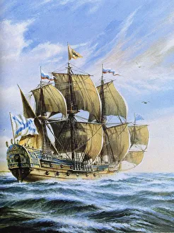 Man Of War Prints: Russian ship of the line Poltava, 1712. Artist: Anonymous