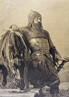 Russian warrior with his horse (Wereschtschagine painting), engraving, 1885 Russian warrior with his horse (Wereschtschagine painting), engraving, 1885