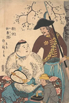 Fur Coat Gallery: Russians and a Chinese Inscribing a Fan, 12th month, 1860. Creator: Utagawa Hiroshige II