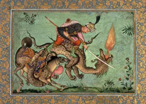 Epic Poem Prints: Rustam and his horse Rahksh fighting a dragon. 1640-1660. Creator: Unknown