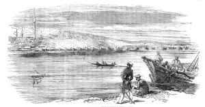 River Danube Prints: Rustchuk - Bridge of Boats in Course of Construction, 1854. Creator: Unknown
