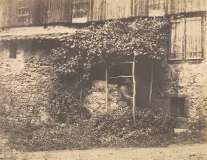 [Rustic Building with Man under Trellis], ca. 1853. Creator: Andre Giroux