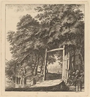 Salomon Gesner Prints: A Rustic Gate beside a Lake, 1764. Creator: Salomon Gessner