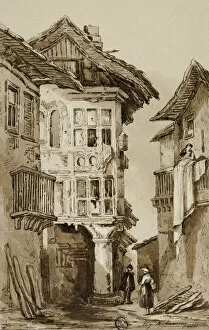 Balconies Gallery: Rustic Street Scene, 1831. Creator: Elizabeth Murray