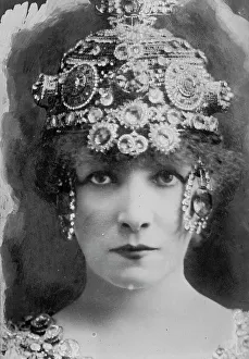 S. Bernhardt with elaborate headdress, 1912. Creator: Bain News Service