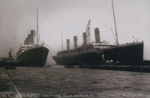 Repair Prints: S. S. Olympic entering dock with S. S. Titanic alongside, 1912