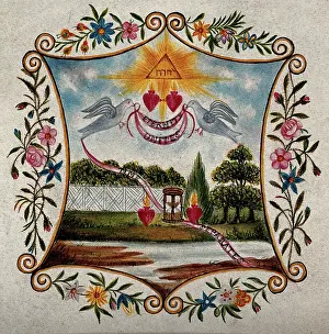 Sacred Prints: Two Sacred Hearts in a landscape