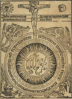 The Sacred Monogram with the Symbols of the Evangelists and the Crucifixion (Schr.... 15th century. Creator: Anon)