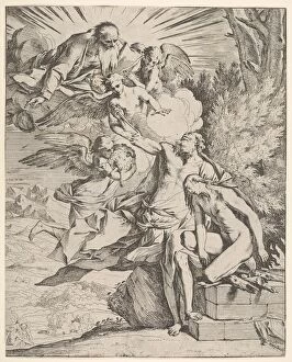 Sacrifice of Isaac: an angel presses against the dagger-bearing arm of Abraham, who