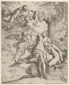 Testa Pietro Prints: Sacrifice of Isaac: an angel presses against the dagger-bearing arm of Abraham, who