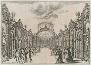 A sacrifice to the Olympian gods taking place at the end of a path lined with statues and ..., 1674