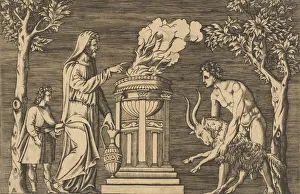 Marco Dente Gallery: The sacrifice of a ram held by a naked man at right, hooded priest at left with a... ca